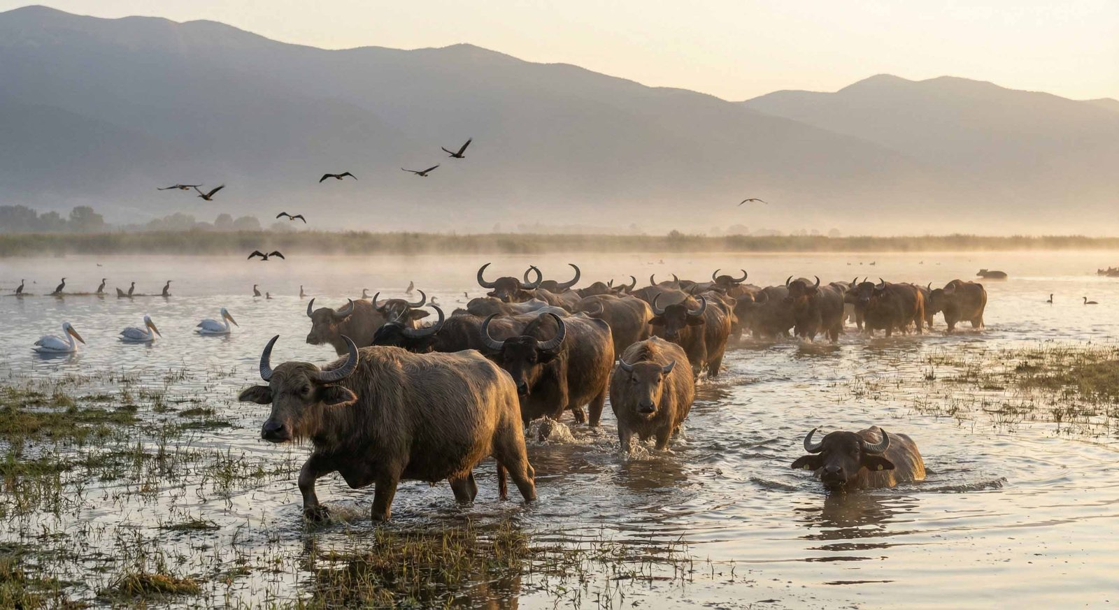 Water buffalo herd crossing misty Lake Kerkini at sunrise with pelicans and birds