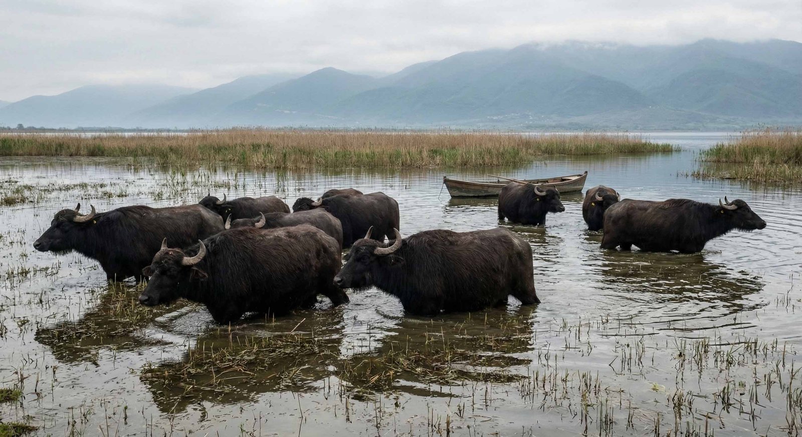 Water buffaloes wading through reed marshes near traditional wooden boat at Lake Kerkini